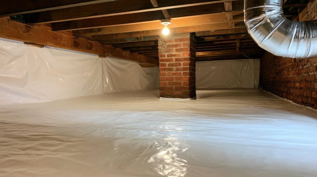 Crawl space with plastic vapor barrier covering floor and walls, exposed wooden beams, and a brick support column.