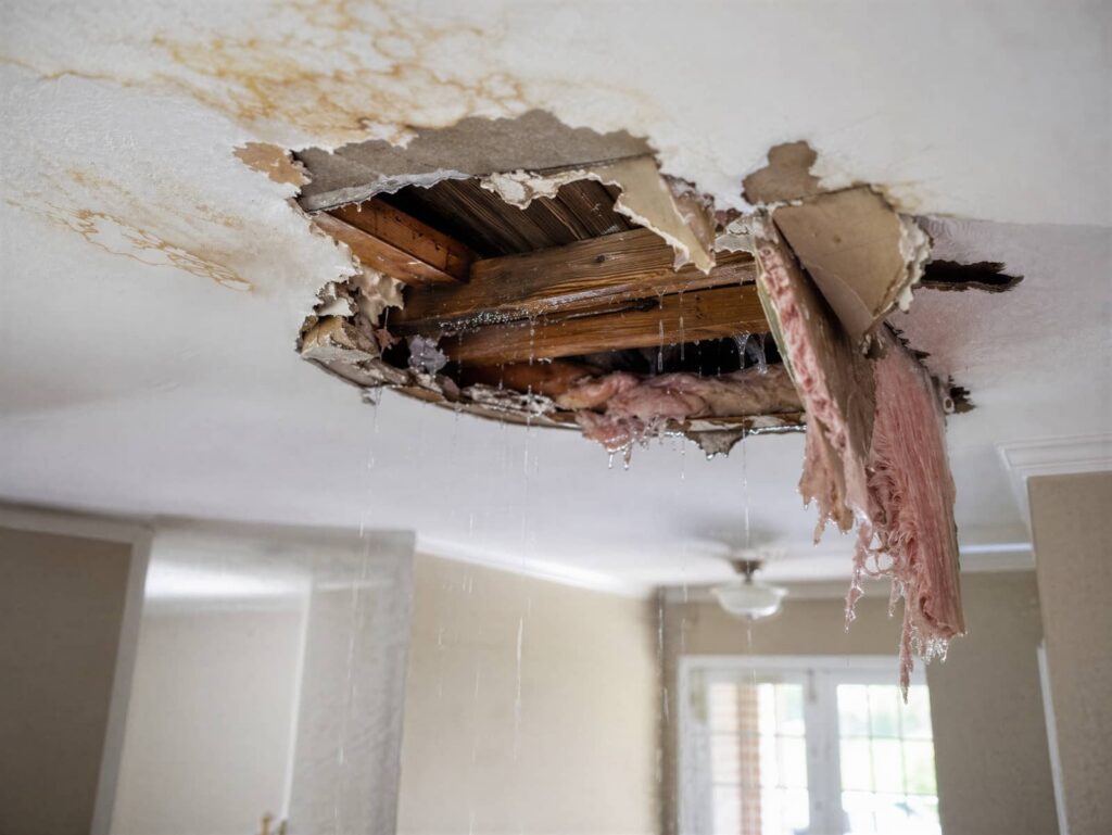 Water-damaged ceiling with a large hole and hanging insulation.