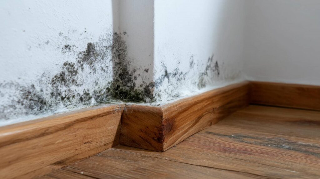 Black mold growing on white walls above wooden baseboards in a corner.