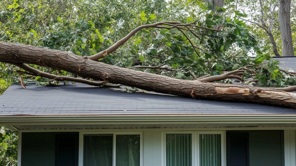Large fallen tree branch resting on a house roof with green leaves and surrounding trees.