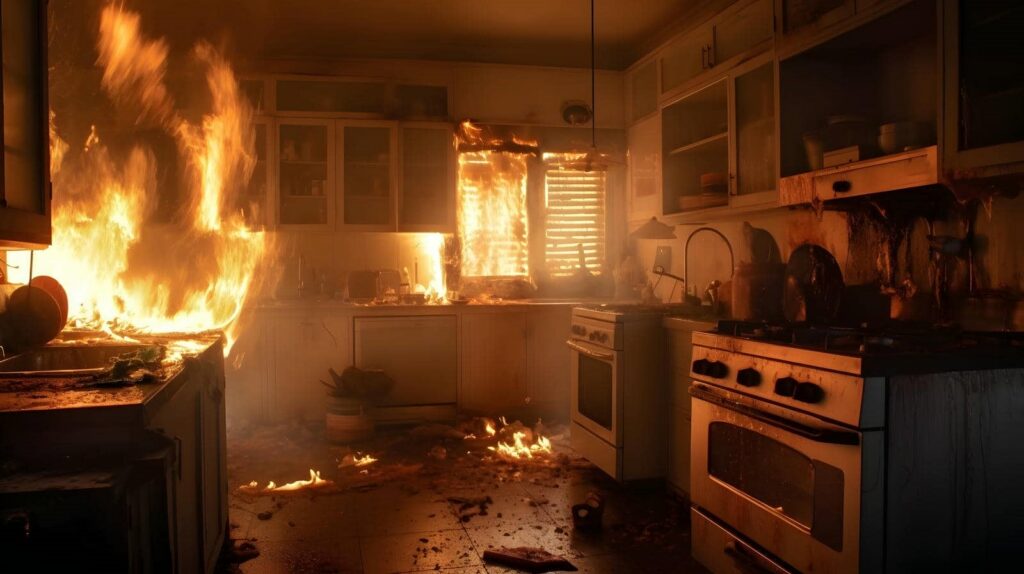 Kitchen engulfed in flames with fire spreading across cabinets and floor.