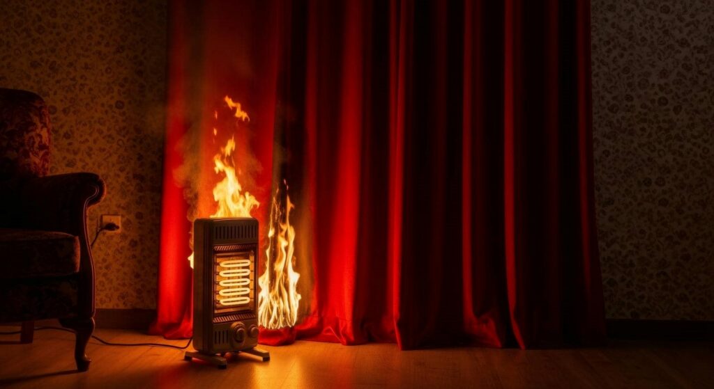Electric heater on fire near red curtains in a dimly lit room.
