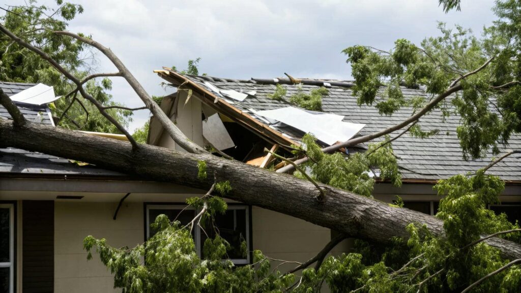 Large fallen tree crushed through the roof of a house, causing significant damage.