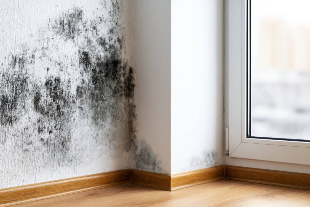 Mold growing on an interior wall beside a window.