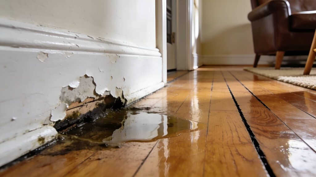 Water damage and rotting baseboard beside a puddle on a hardwood floor.