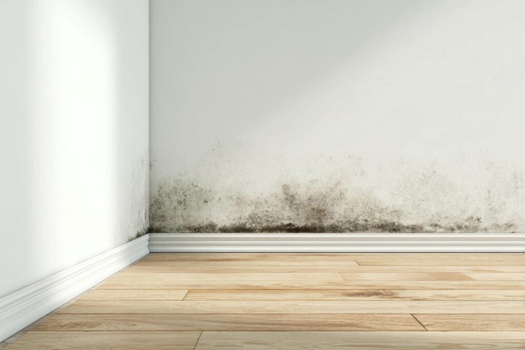 Mold growth along the base of white walls in a room with wooden flooring.