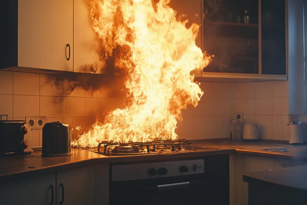 Kitchen stove engulfed in large flames with smoke marks on the wall and cabinets.