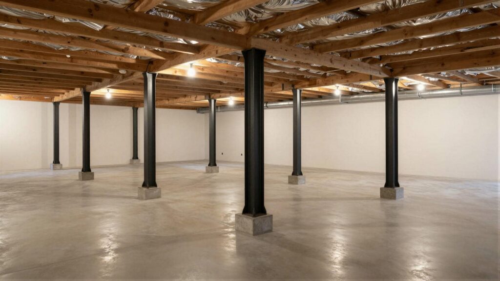 Empty basement with concrete floor, wooden ceiling beams, and black support columns.