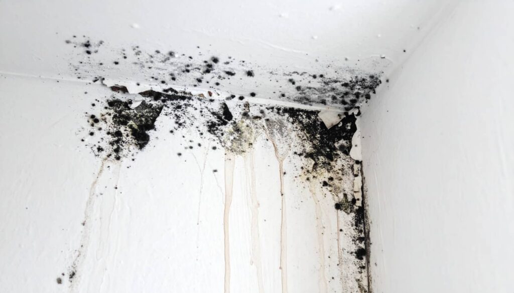 Black mold and water damage on a white wall corner.