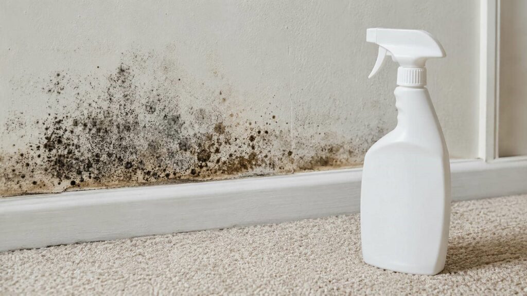 Black mold growing on a wall near the baseboard with a white spray bottle on the carpet.