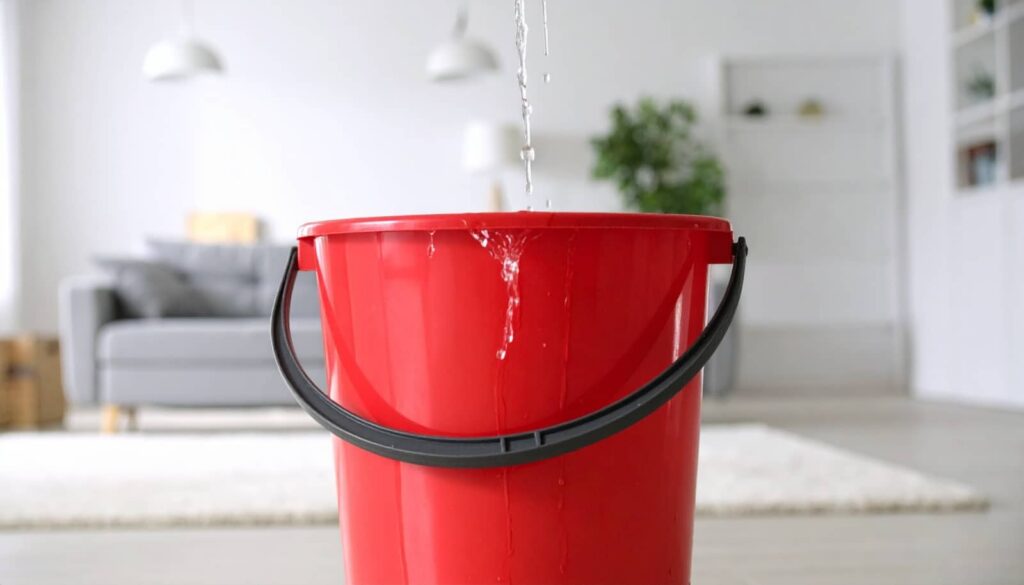 Water leaking into a red bucket in a living room.