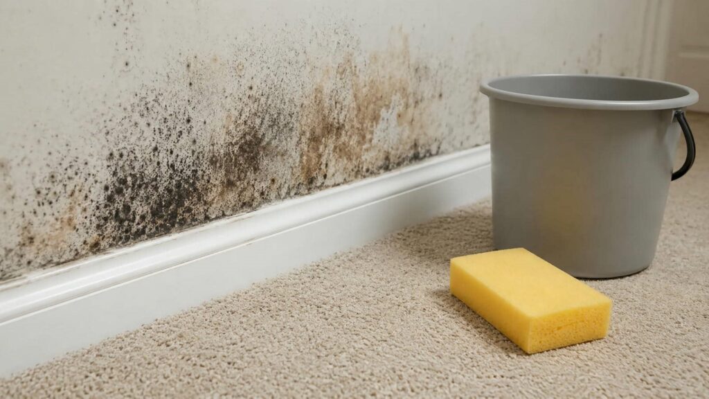 Black mold growing on a wall above a baseboard with a sponge and gray bucket on carpet.