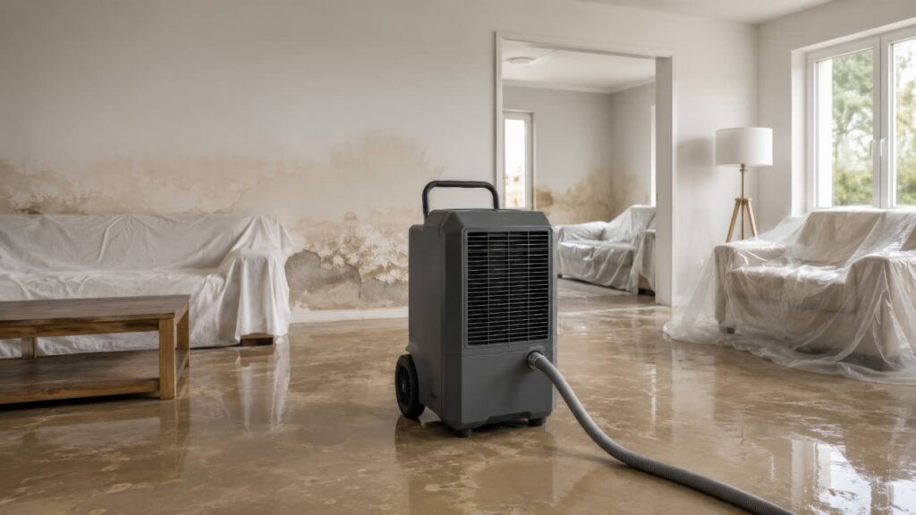 Dehumidifier in a water-damaged living room with wet floors and covered furniture.