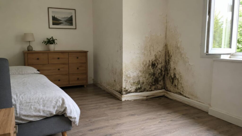 Bedroom wall with severe mold damage near a window.
