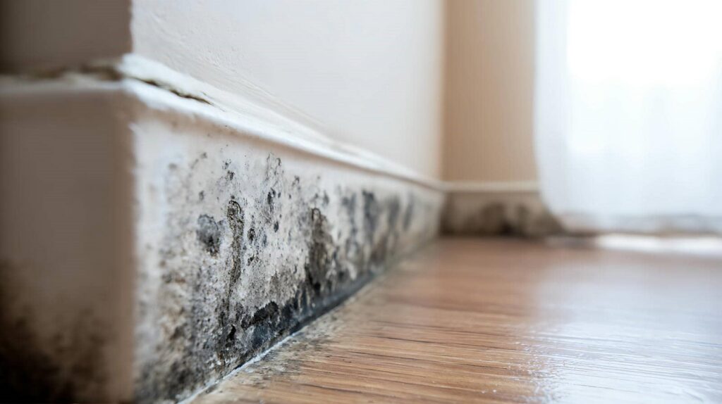 Black mold growth along the baseboard of a wall near a wooden floor.