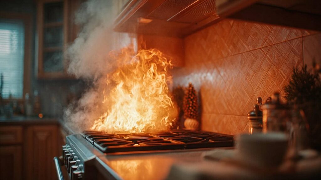 Flames and smoke rising from a kitchen stove burner fire.