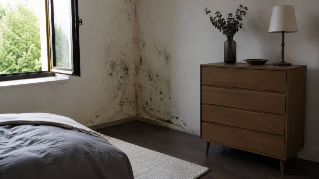 Bedroom wall with black mold near a window and dresser.