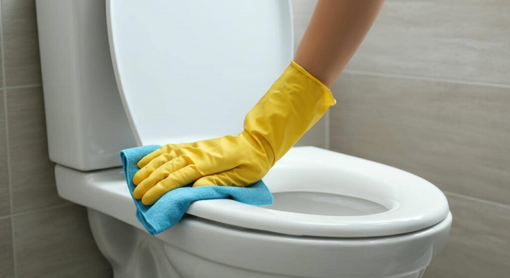 Hand in yellow glove cleaning a white toilet seat with a blue cloth.