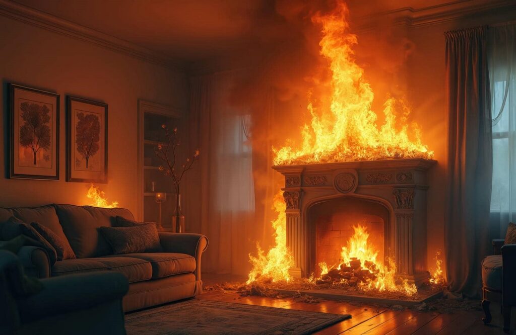 Fire blazing intensely in a living room fireplace and spreading to the surrounding area.
