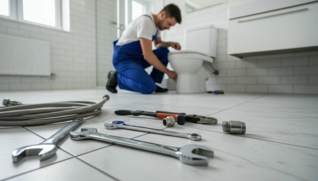 Plumber in blue overalls fixing a toilet with tools and hose on the bathroom floor.