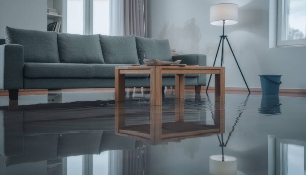 Flooded living room with sofa, coffee table, and standing lamp.
