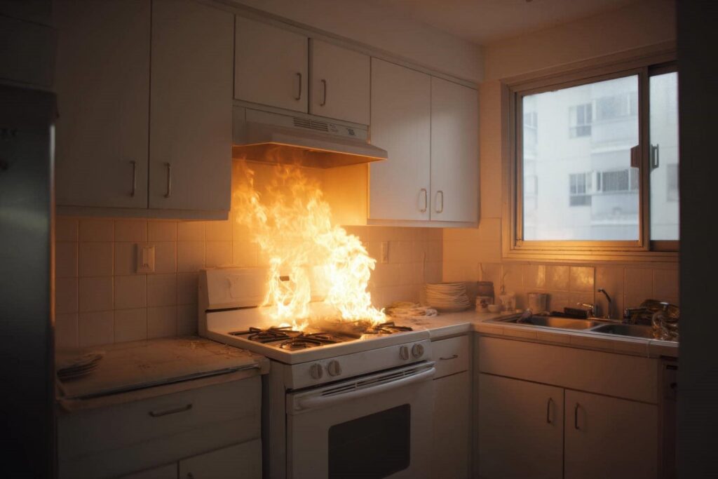 Flames erupting from a gas stove in a kitchen with white cabinets and a window.