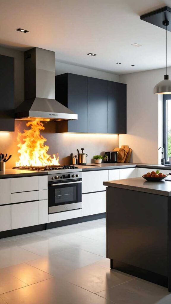 Flames erupting from a gas stove in a modern kitchen with black and white cabinets.