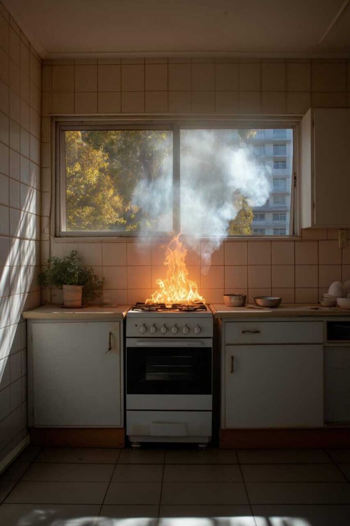 Flames and smoke rising from a gas stove in a kitchen with white cabinets and a window.