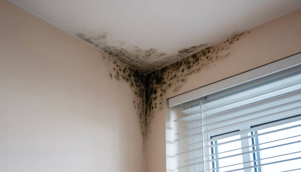 Black mold spreading across a ceiling corner above a window.