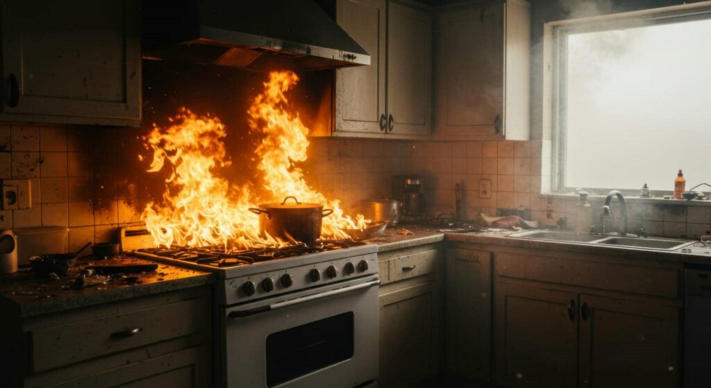Flames engulf a pot on a stove in a smoky kitchen fire.