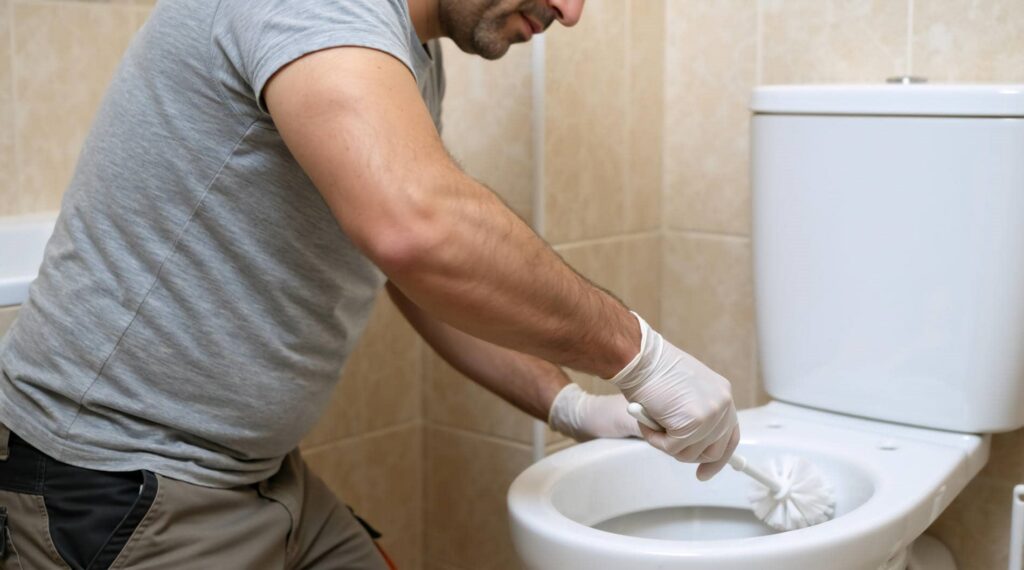 Man wearing gloves cleaning a toilet bowl with a brush in a bathroom.