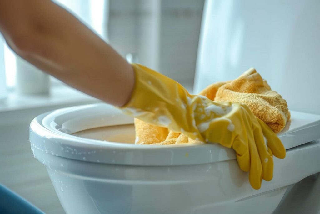 Hand in yellow glove cleaning a white toilet with a yellow cloth.