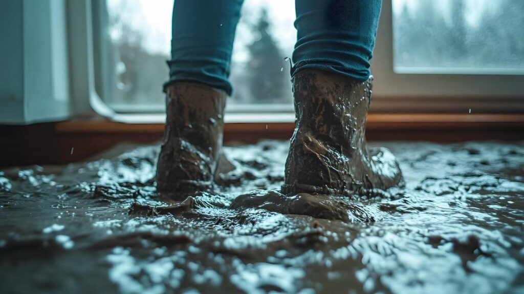 Feet wearing muddy boots standing in a large puddle of water indoors near a window.