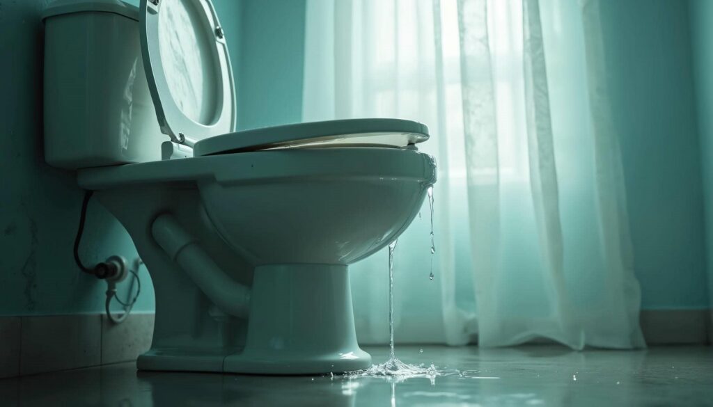 Toilet leaking water onto the floor in a bathroom with teal walls and sheer curtains.