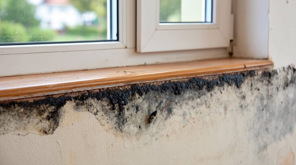 Mold and water damage below a window sill.