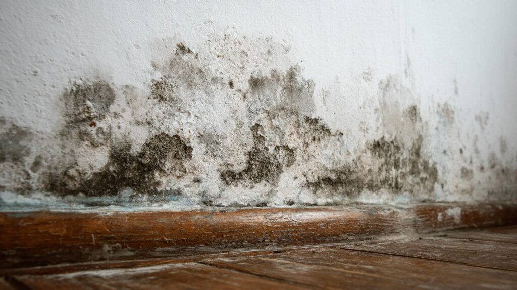 Black mold growth on a white wall above a wooden baseboard and floor.