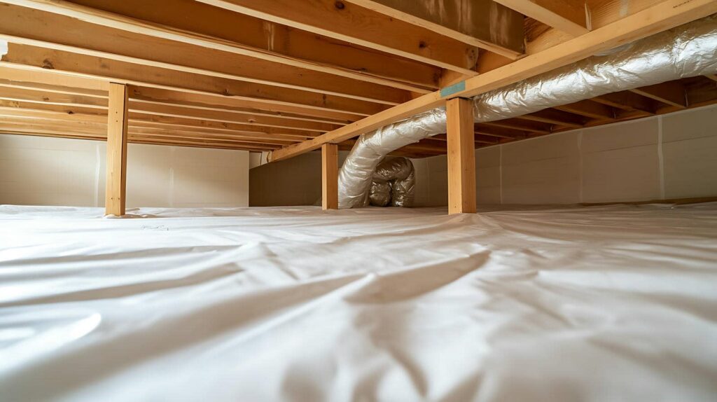 Crawl space with wooden beams, plastic vapor barrier on the ground, and insulated ductwork overhead.