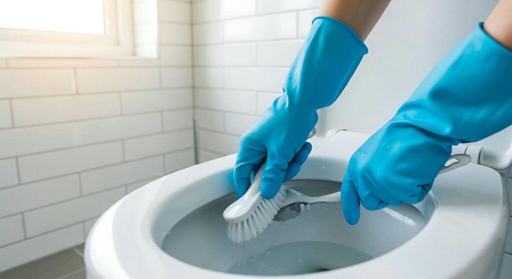 Hands wearing blue gloves scrubbing the inside of a toilet bowl with a brush.