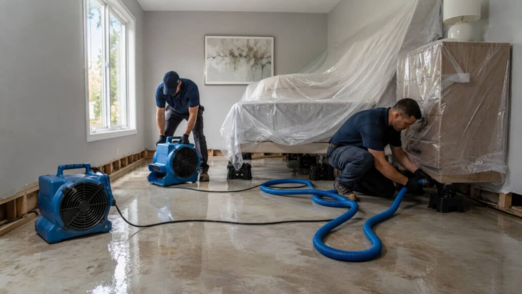 Workers using fans to dry a flooded room.