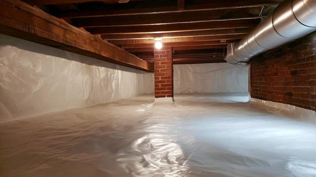 Crawl space with plastic vapor barrier covering floor and walls, exposed wooden beams, and brick support column.