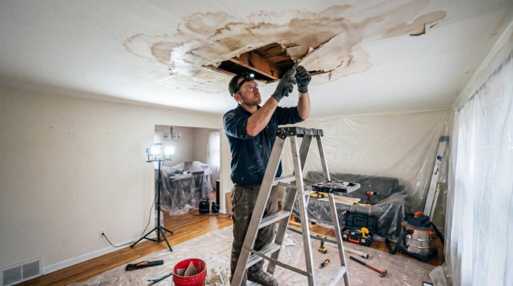 Man repairing a water-damaged ceiling on a ladder.