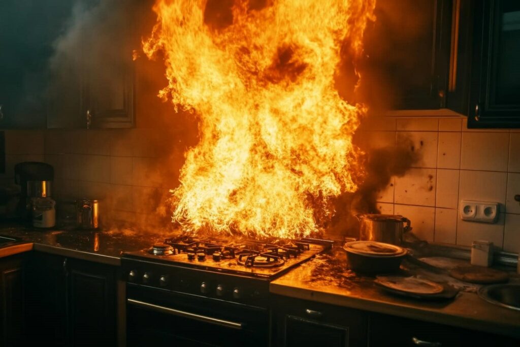 Large flames engulf a gas stove in a kitchen, with smoke rising and surrounding the area.