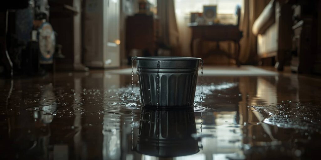 A bucket catches water on a flooded floor.