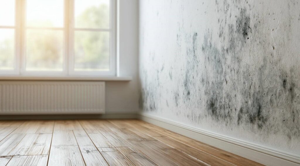 Wall with black mold stains next to a wooden floor and a window with sunlight.