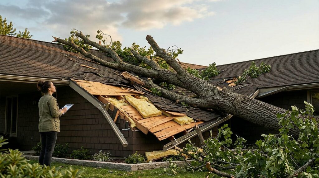 A large fallen tree has damaged a house roof while a woman with a clipboard inspects the damage.