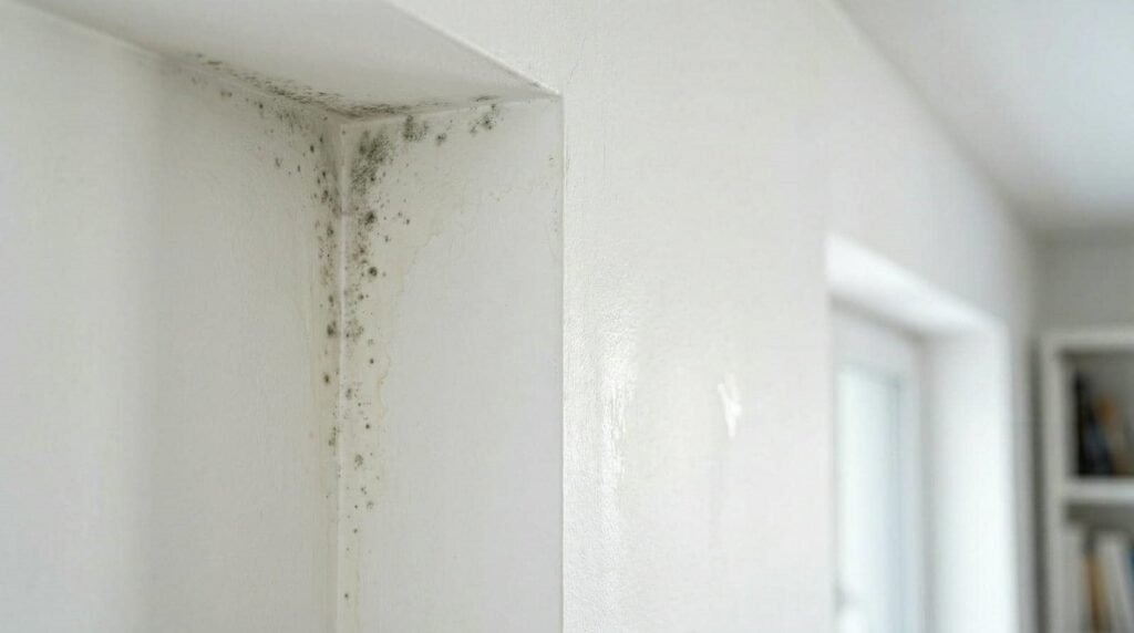 Black mold growing in the corner of a white painted wall near the ceiling.