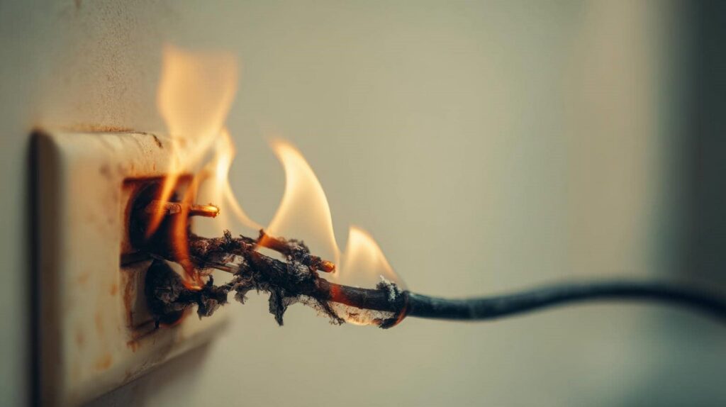 Burning electrical cord plugged into a wall outlet with visible flames.