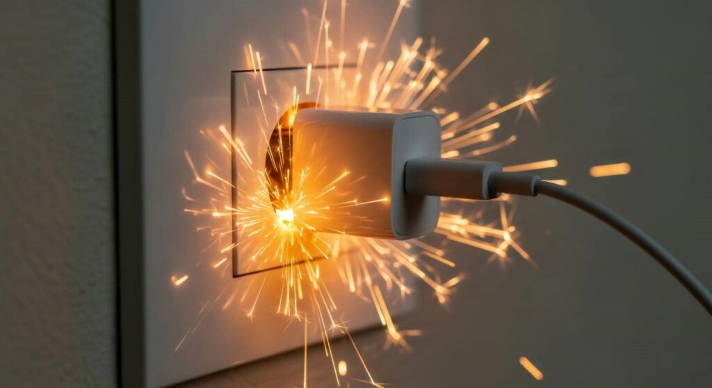 Sparks flying from a white electrical plug connected to a wall outlet.