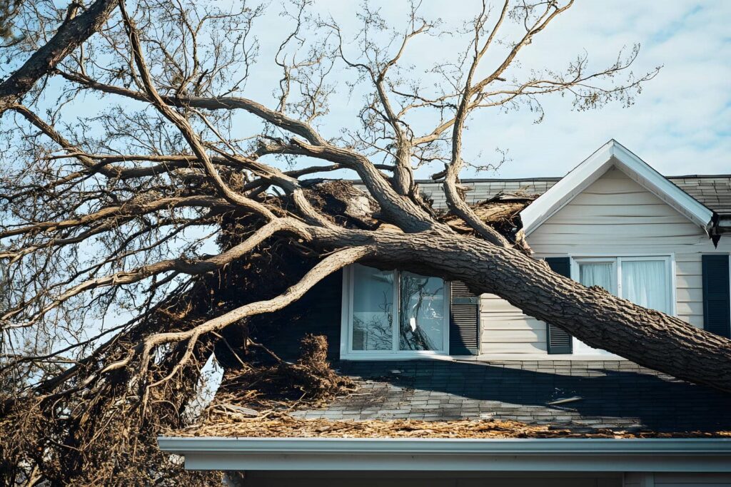 Large uprooted tree fallen across a house roof, causing visible damage.