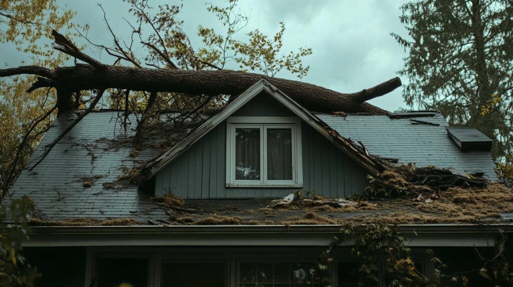 Large fallen tree trunk resting on a damaged house roof with debris scattered around.
